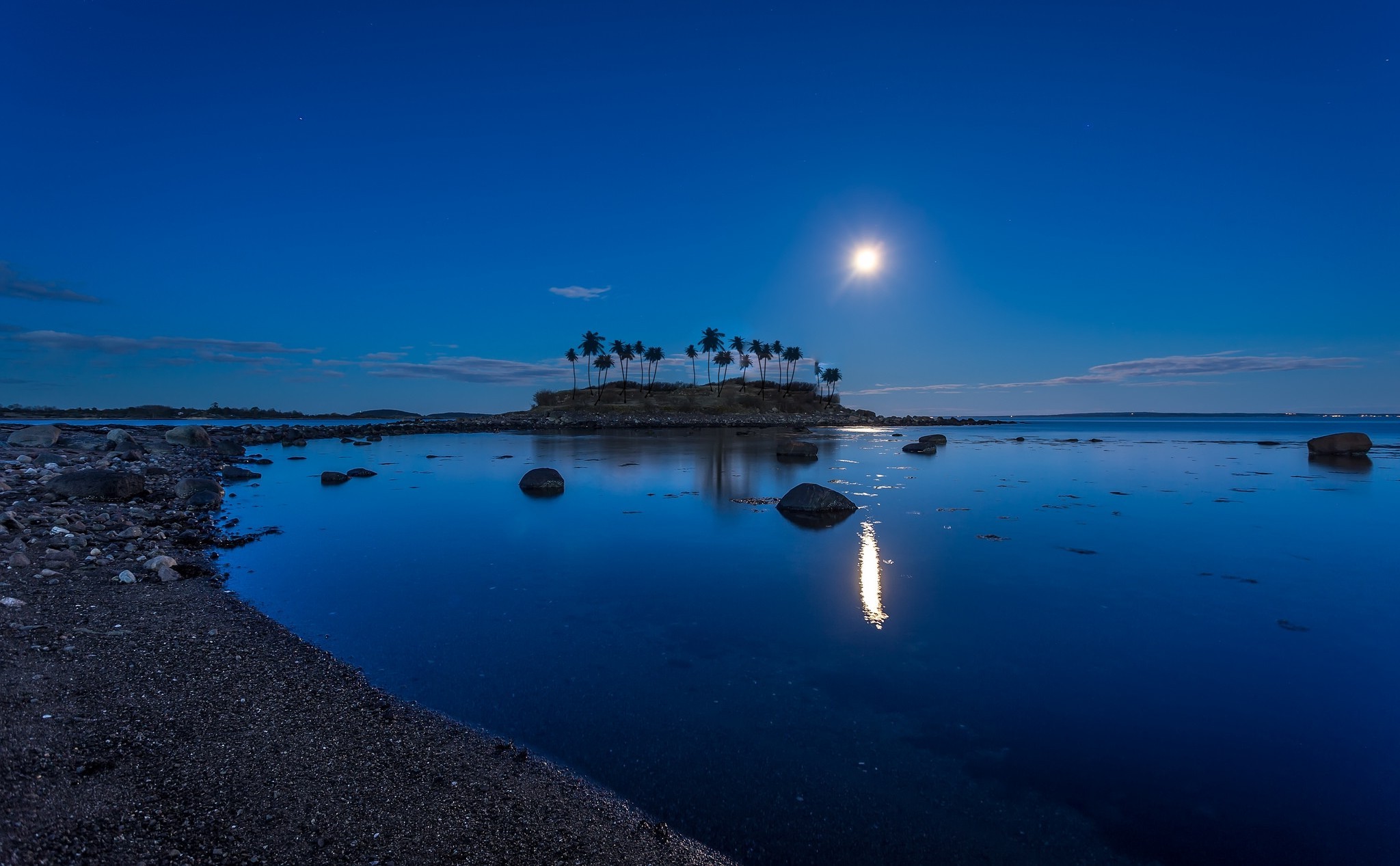 landscape, Nature, Moonlight, Coconuts, Island, Beach, Blue, Water, Reflection, Norway Wallpaper