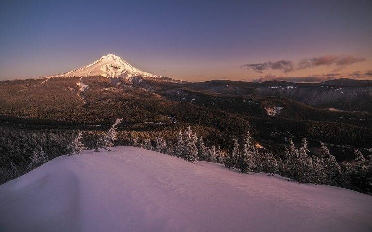 landscape, Nature, Winter, Mountains, Snowy Peak, Forest, Snow, Sunset, Oregon HD Wallpaper Desktop Background
