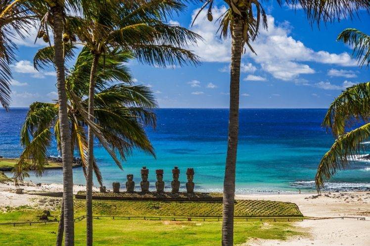 nature, Landscape, Beach, Sea, Palm Trees, Grass, Sand, Moai, Statue, Easter Island, Rapa Nui, Chile, Sunlight HD Wallpaper Desktop Background