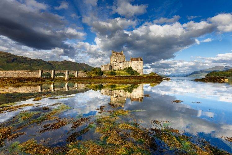 nature, Landscape, Castle, Architecture, Old, Bridge, Lake, Reflection, Clouds, Hills, Sunlight, Scotland, Eilean Donan HD Wallpaper Desktop Background