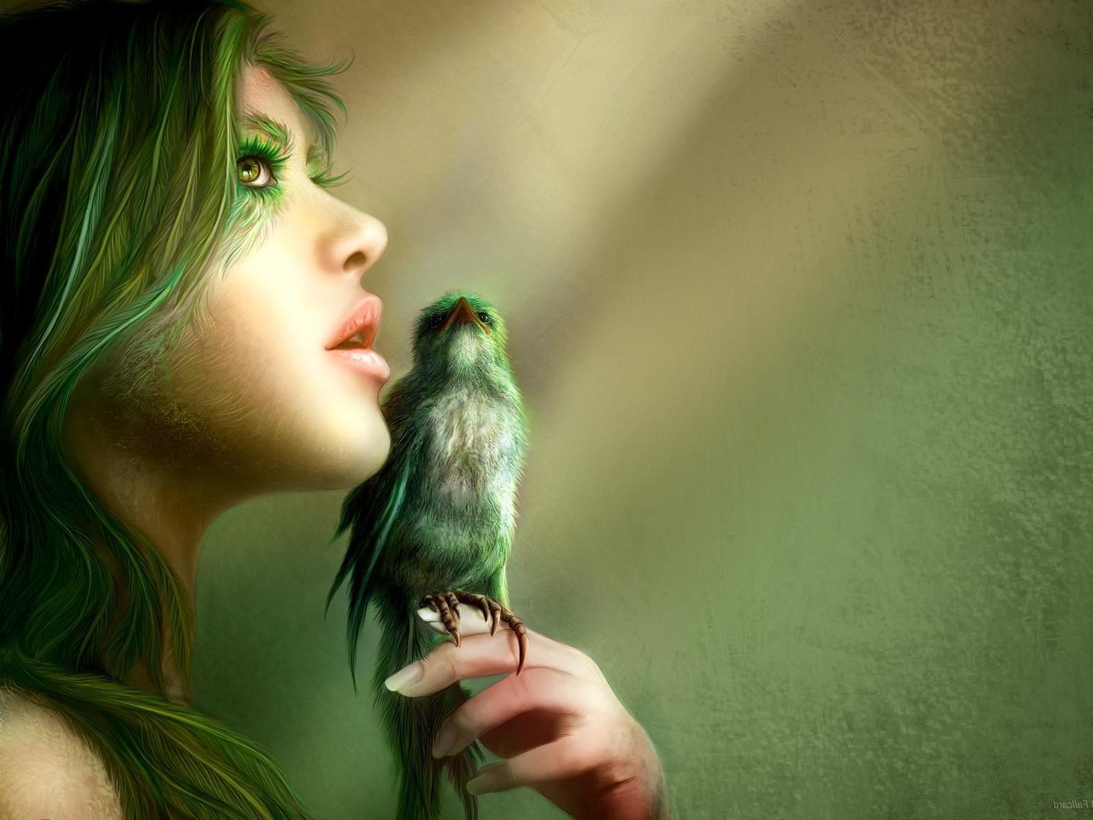 fantasy Art, Birds, Green Wallpaper