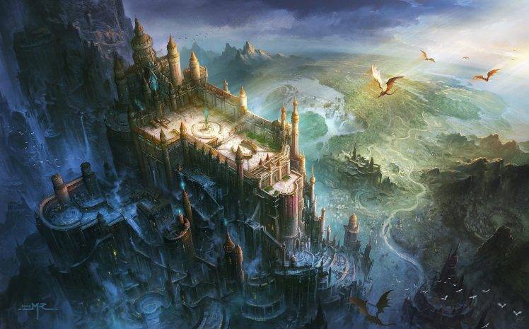 fantasy Art, Dragon, Castle, Birds Eye View HD Wallpaper Desktop Background