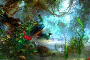 peacocks, Fantasy Art, Birds, Vines, Forest