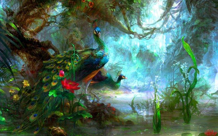 peacocks, Fantasy Art, Birds, Vines, Forest HD Wallpaper Desktop Background