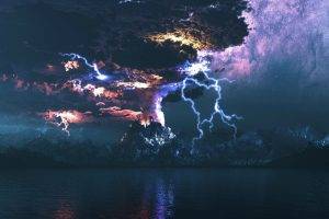 lightning, Clouds, Fantasy Art, Storm, Volcano, Digital Art, Lake, Sea, Sky