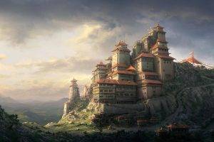 artwork, Chinese, Fantasy Art, Cliff, Sunlight, Path, Building, Monastery