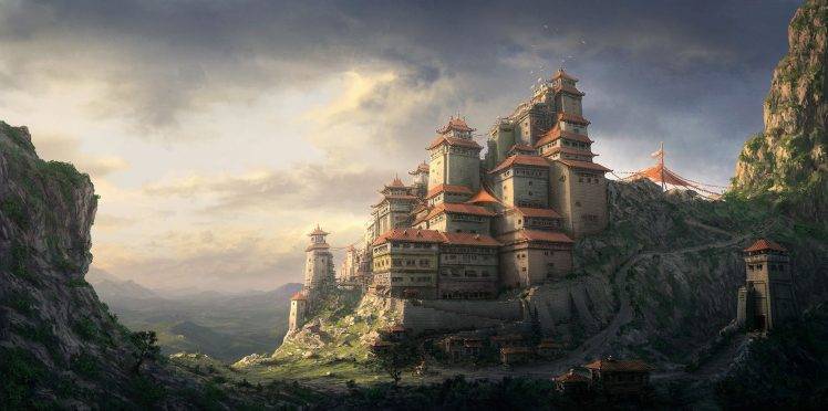 artwork, Chinese, Fantasy Art, Cliff, Sunlight, Path, Building, Monastery HD Wallpaper Desktop Background