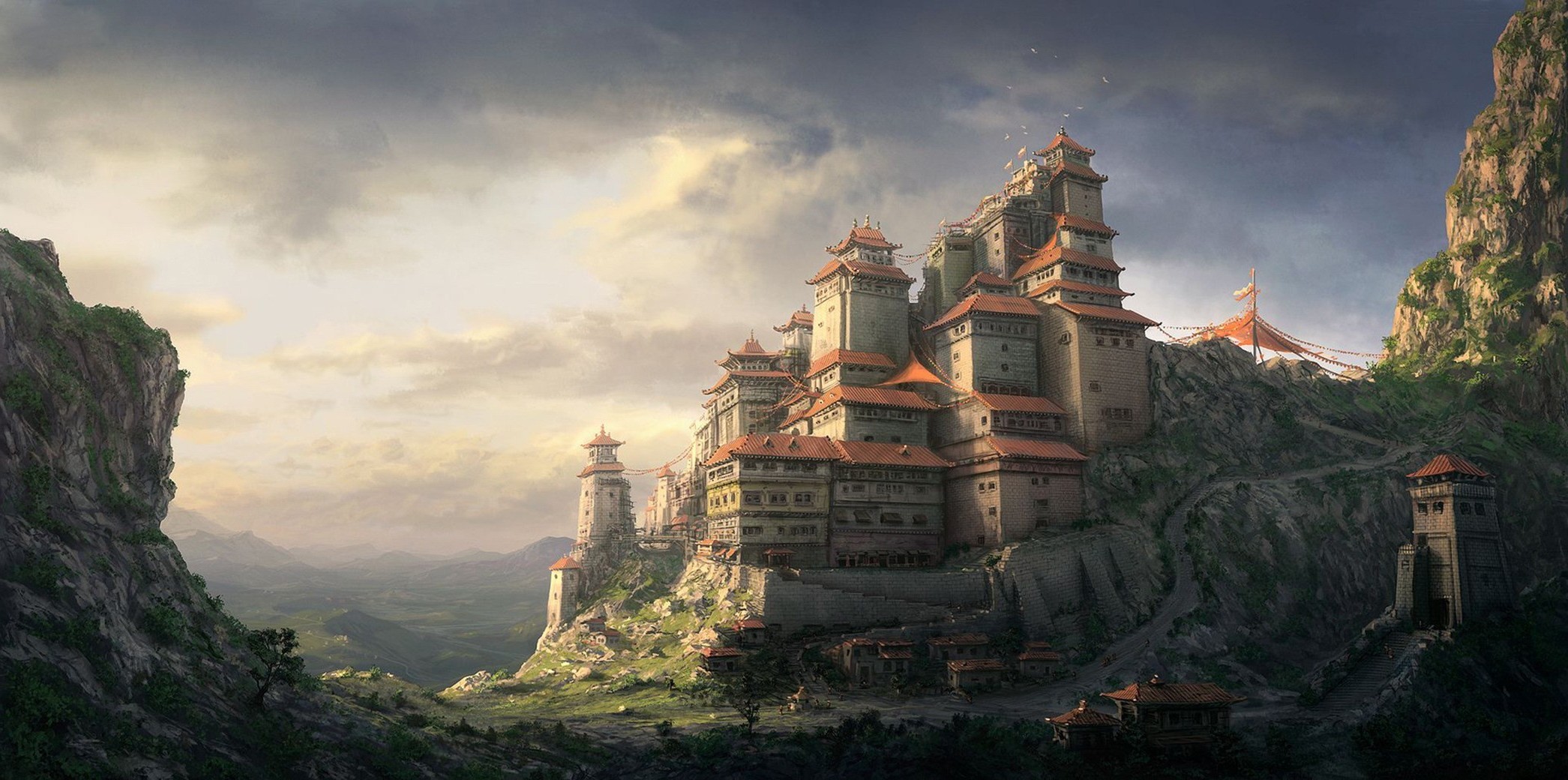 artwork, Chinese, Fantasy Art, Cliff, Sunlight, Path, Building