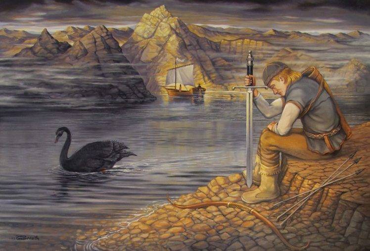 Vikings, Swans, River, Sword, Bow And Arrow, Boat HD Wallpaper Desktop Background