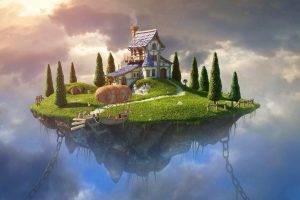 fantasy Art, Digital Art, House, Trees, Chains, Zeppelin, Rock, Clouds, Floating Island