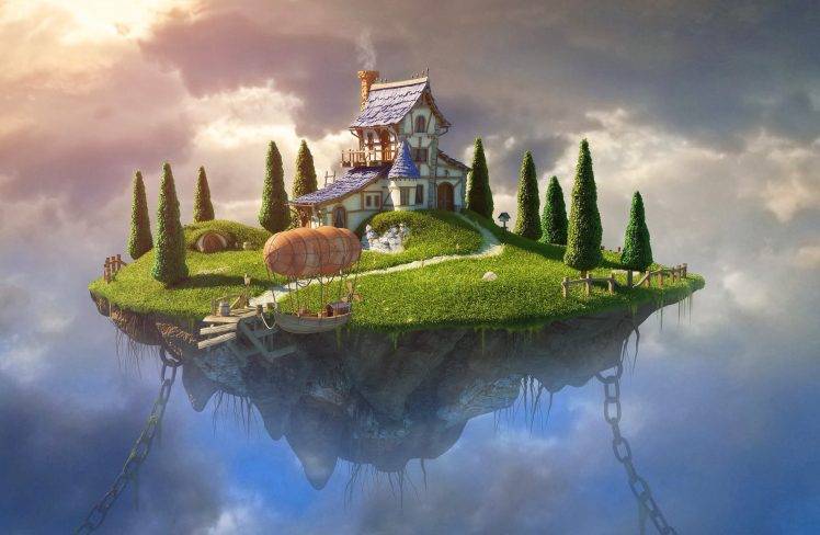 fantasy Art, Digital Art, House, Trees, Chains, Zeppelin, Rock, Clouds, Floating Island HD Wallpaper Desktop Background