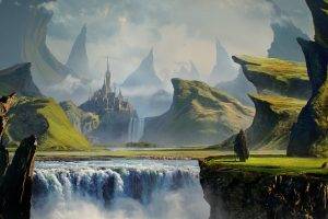 fantasy Art, Digital Art, Mountain, Waterfall, Nature, Castle, Rock, Men, Clouds