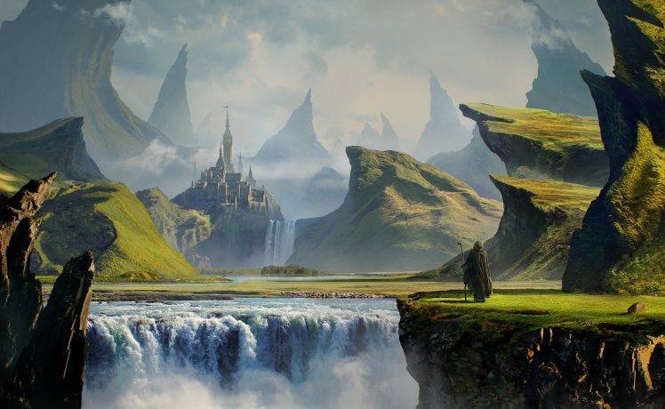 fantasy Art, Digital Art, Mountain, Waterfall, Nature, Castle, Rock, Men, Clouds HD Wallpaper Desktop Background