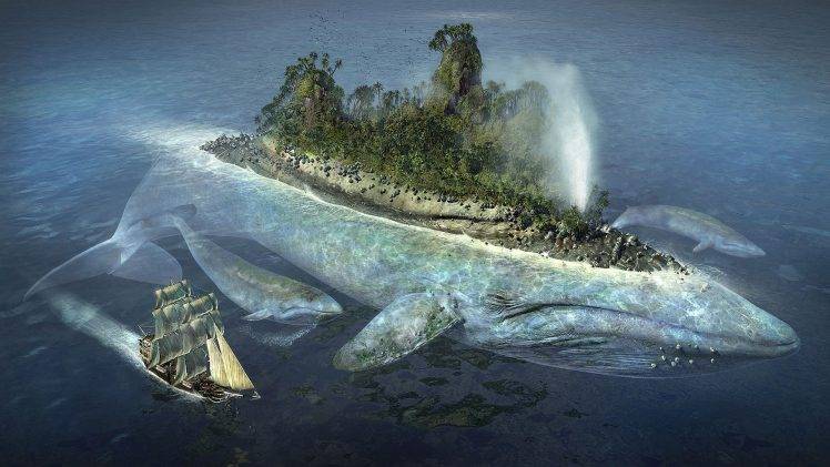 whale, Island, Ship, Sea, Fantasy Art, Water HD Wallpaper Desktop Background