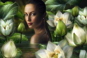 fantasy Art, Lotus Flowers, Lily Pads, Women, Wet Hair, White Flowers