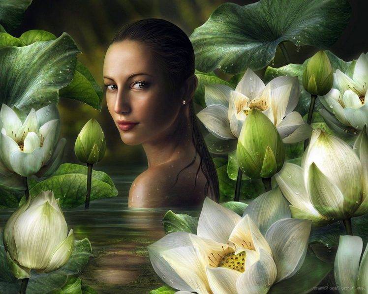 fantasy Art, Lotus Flowers, Lily Pads, Women, Wet Hair, White Flowers HD Wallpaper Desktop Background