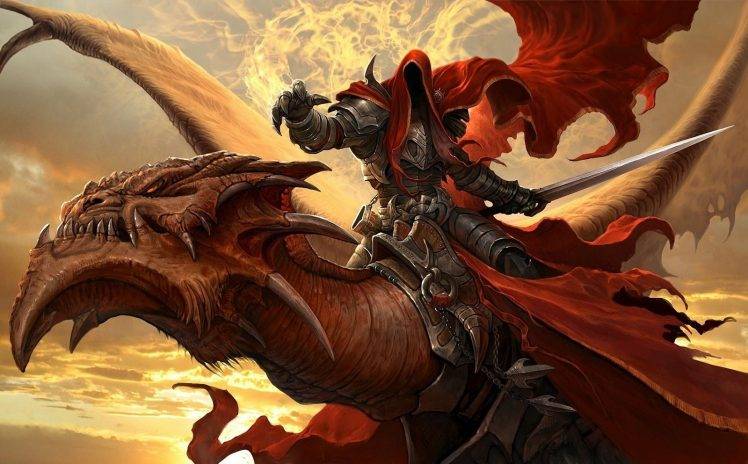 dragon, Warrior, Sunset, Sword, Fantasy Art HD Wallpaper Desktop Background
