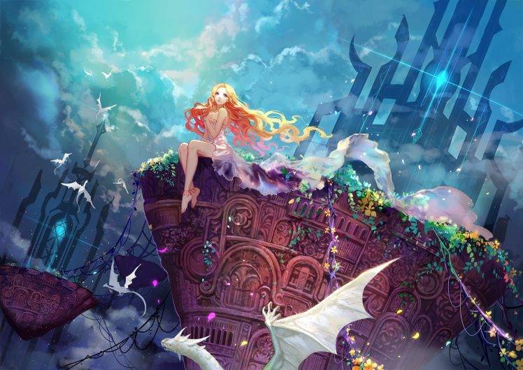 fantasy Art, Dragon, Clouds, Women, Blonde HD Wallpaper Desktop Background