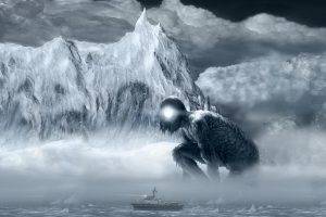 digital Art, Mountain, Clouds, Ship, Creature, Fantasy Art