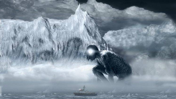 digital Art, Mountain, Clouds, Ship, Creature, Fantasy Art HD Wallpaper Desktop Background