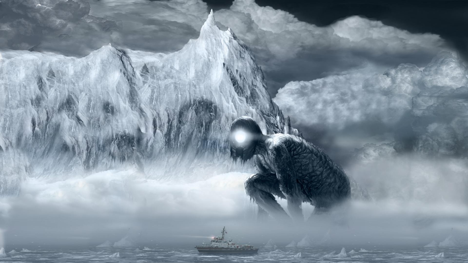 digital Art, Mountain, Clouds, Ship, Creature, Fantasy Art Wallpaper