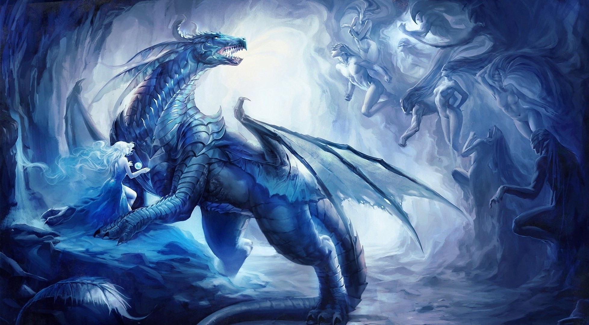 dragon, Ice, Women, Fantasy Art Wallpaper