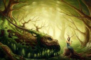digital Art, Fantasy Art, Women, Dragon, Trees