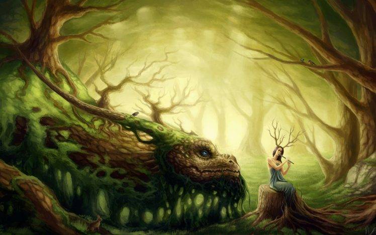 digital Art, Fantasy Art, Women, Dragon, Trees HD Wallpaper Desktop Background