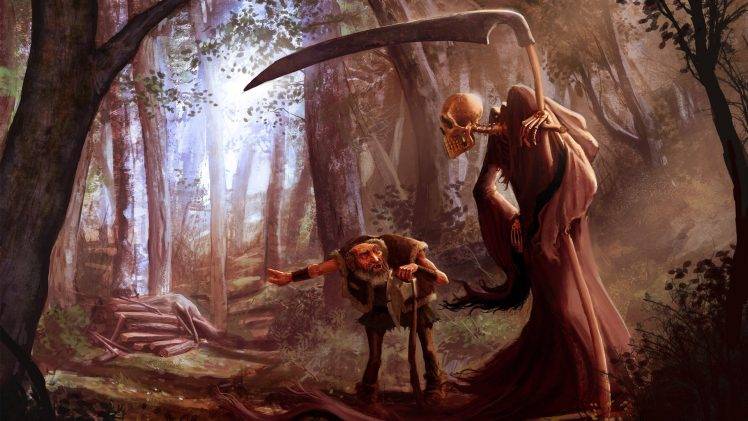fantasy Art, Drawing, Trees, Forest, Old People, Grim Reaper, Skull, Wood, Death HD Wallpaper Desktop Background