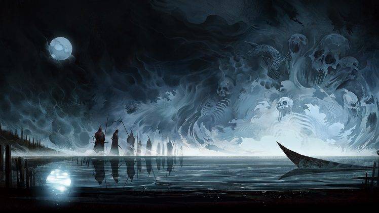 artwork, Skull, Moon, Reflection, Boat, Water, Fantasy Art HD Wallpaper Desktop Background