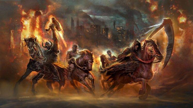 Four Horsemen Of The Apocalypse, Horse, Fantasy Art, Apocalyptic, Fire, Destruction, Scythe, War HD Wallpaper Desktop Background