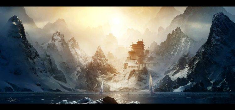 artwork, Mountain, Boat, Sunlight, Fantasy Art HD Wallpaper Desktop Background