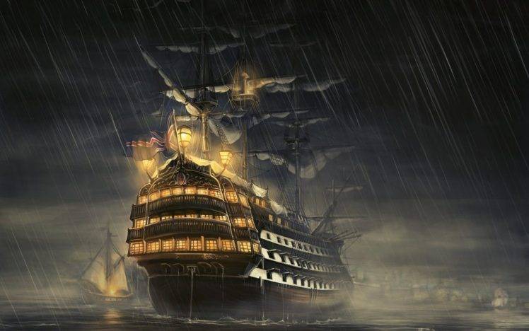 fantasy Art, Haryarti, Ship, Rain, Sea HD Wallpaper Desktop Background