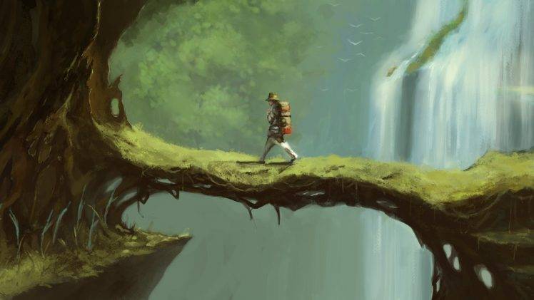 fantasy Art, Trekking, Nature, Waterfall, Trees HD Wallpaper Desktop Background