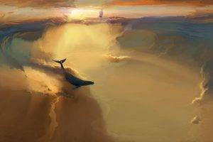 flying, Whale, Sailing Ship, Clouds, Fantasy Art