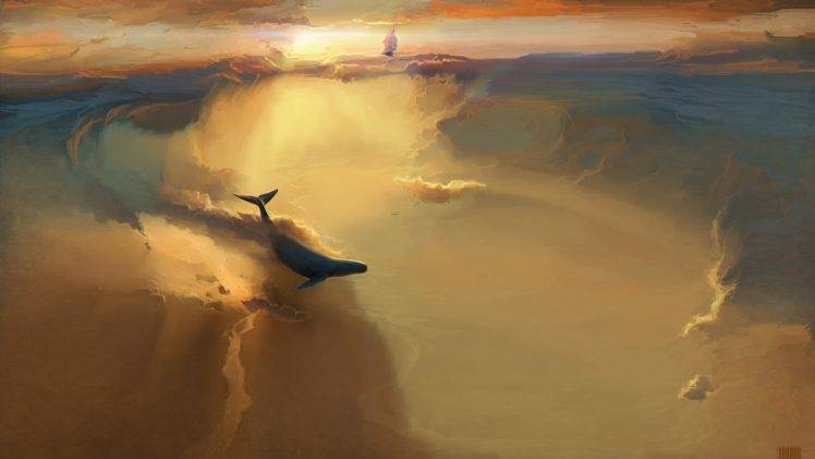 flying, Whale, Sailing Ship, Clouds, Fantasy Art HD Wallpaper Desktop Background