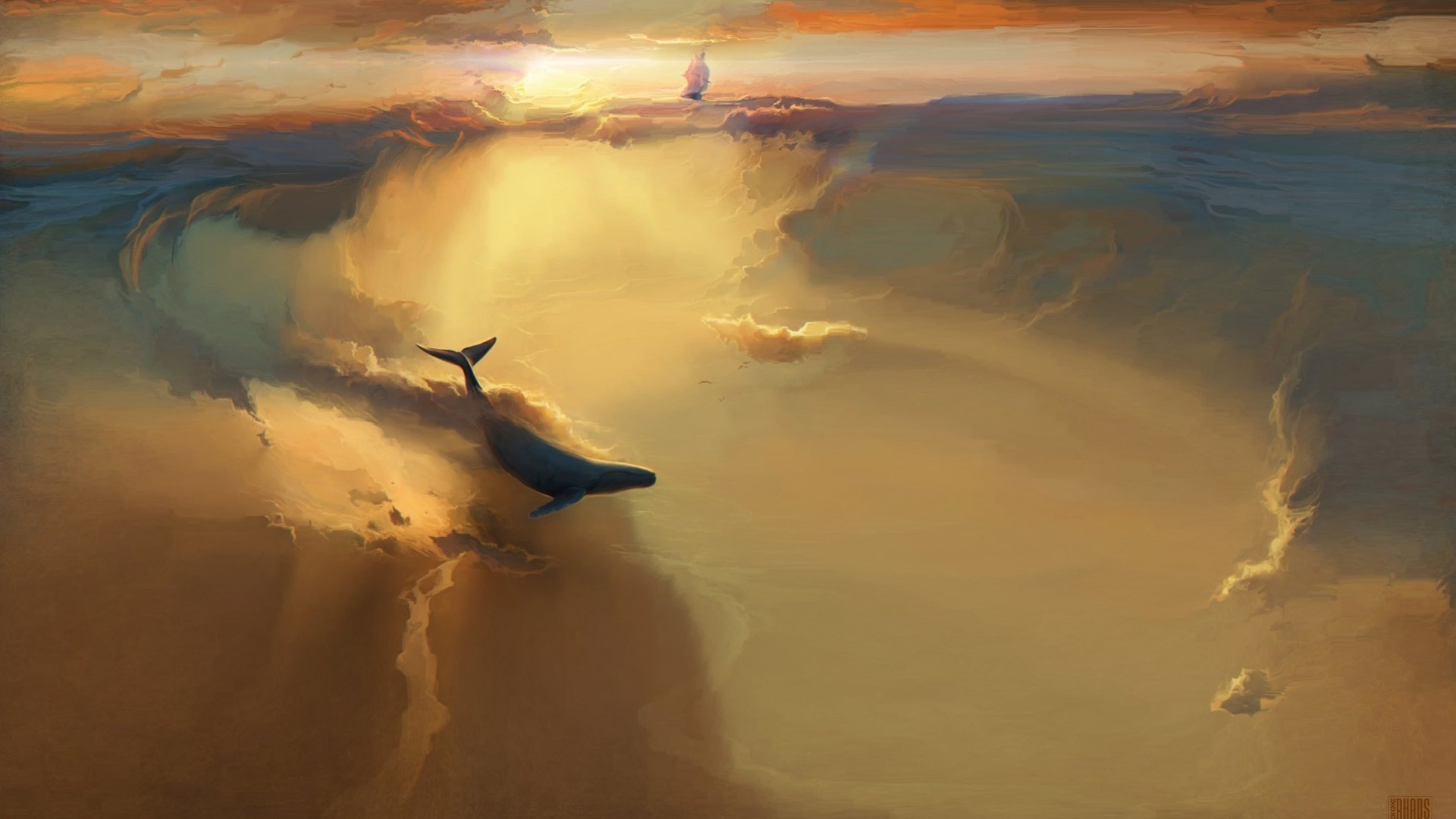 flying, Whale, Sailing Ship, Clouds, Fantasy Art Wallpaper