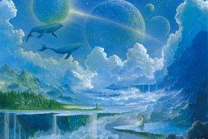 fantasy Art, Floating Island, Waterfall, Whale, Planet, Clouds