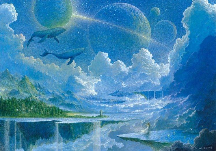 fantasy Art, Floating Island, Waterfall, Whale, Planet, Clouds HD Wallpaper Desktop Background