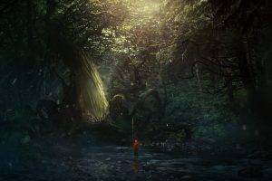 fantasy Art, Digital Art, Forest, River, Trees, Sun Rays