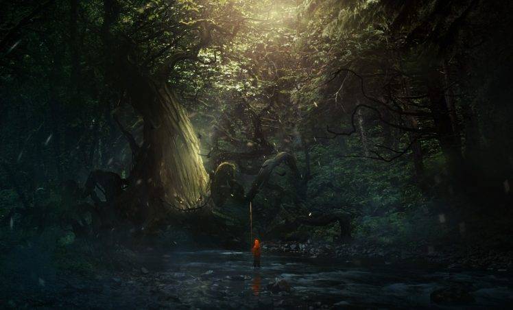 fantasy Art, Digital Art, Forest, River, Trees, Sun Rays HD Wallpaper Desktop Background