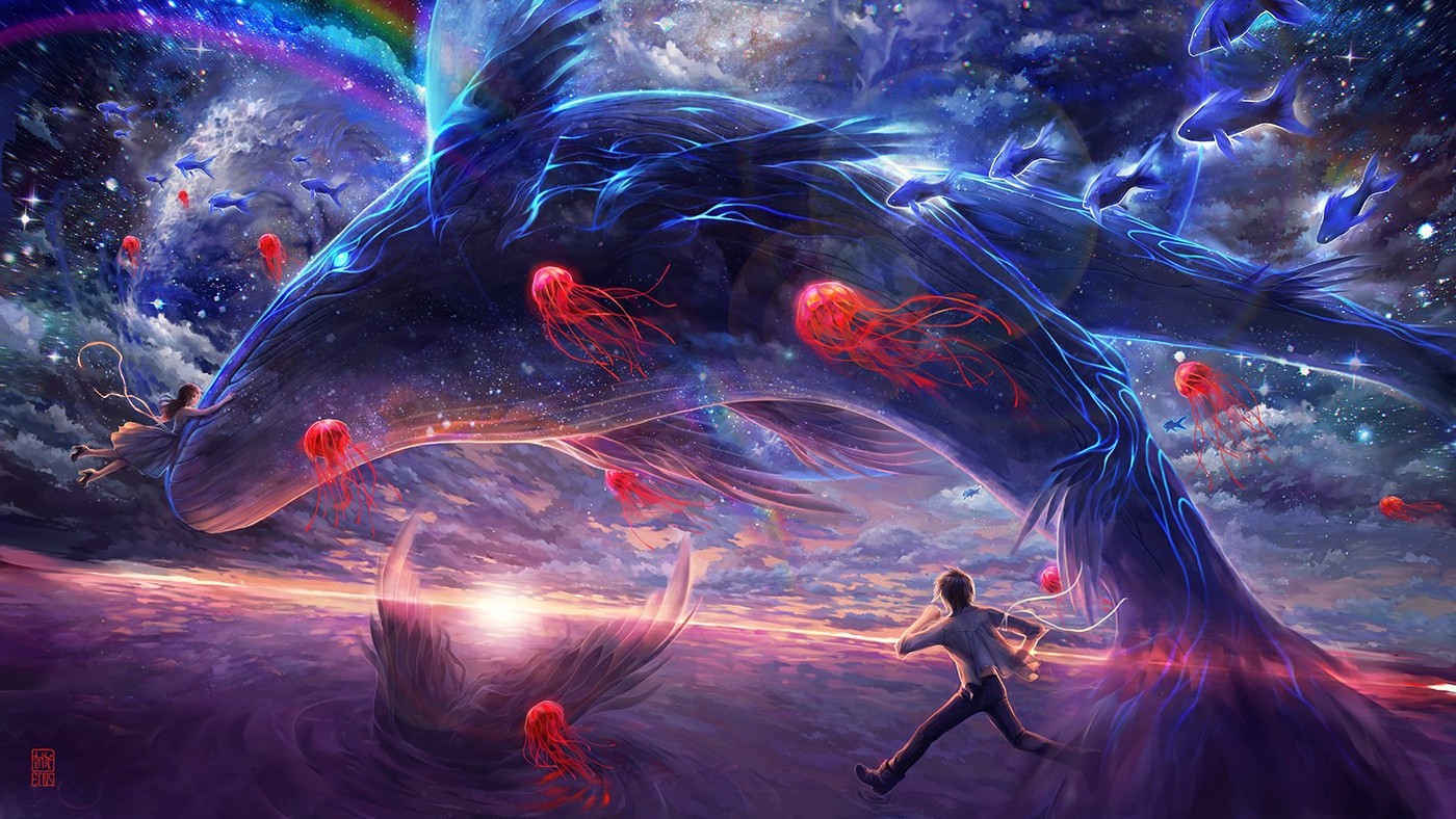 fantasy Art, Digital Art, Whale, Jellyfish, Rainbows, Running, Fish Wallpaper