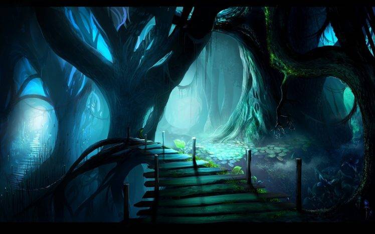 fantasy Art, Digital Art, Drawing, Nature, Trees, Bridge, Wood, Forest HD Wallpaper Desktop Background