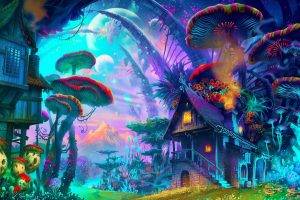 fantasy Art, Drawing, Nature, Psychedelic, Colorful, House, Mushroom, Planet, Plants, Mountain