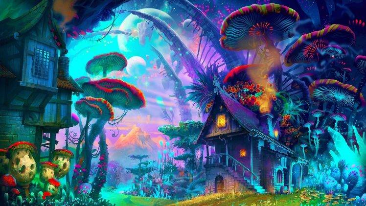 fantasy Art, Drawing, Nature, Psychedelic, Colorful, House, Mushroom, Planet, Plants, Mountain HD Wallpaper Desktop Background