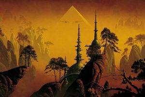 fantasy Art, Roger Dean, Temple, Cliff, Pyramid, Trees, Eyes