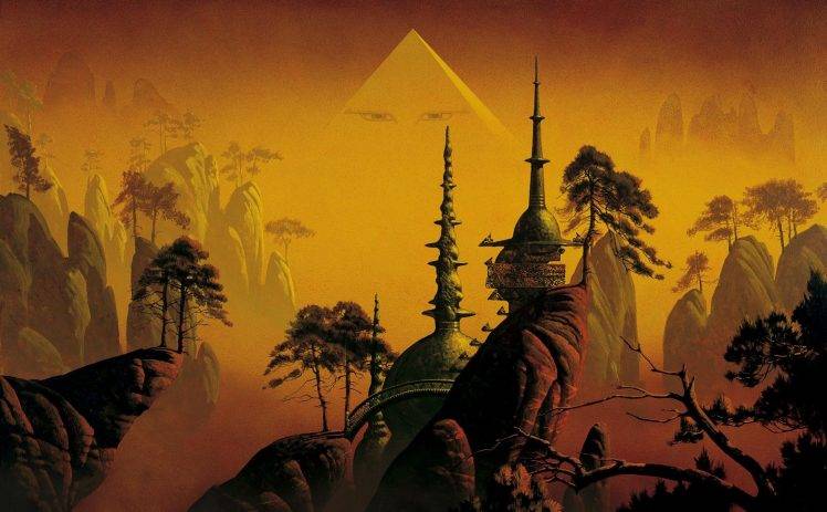 fantasy Art, Roger Dean, Temple, Cliff, Pyramid, Trees, Eyes HD Wallpaper Desktop Background
