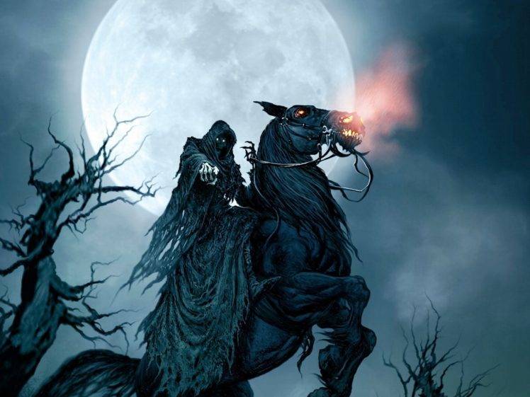 Grim Reaper, Moon, Horse, Trees, Fantasy Art HD Wallpaper Desktop Background