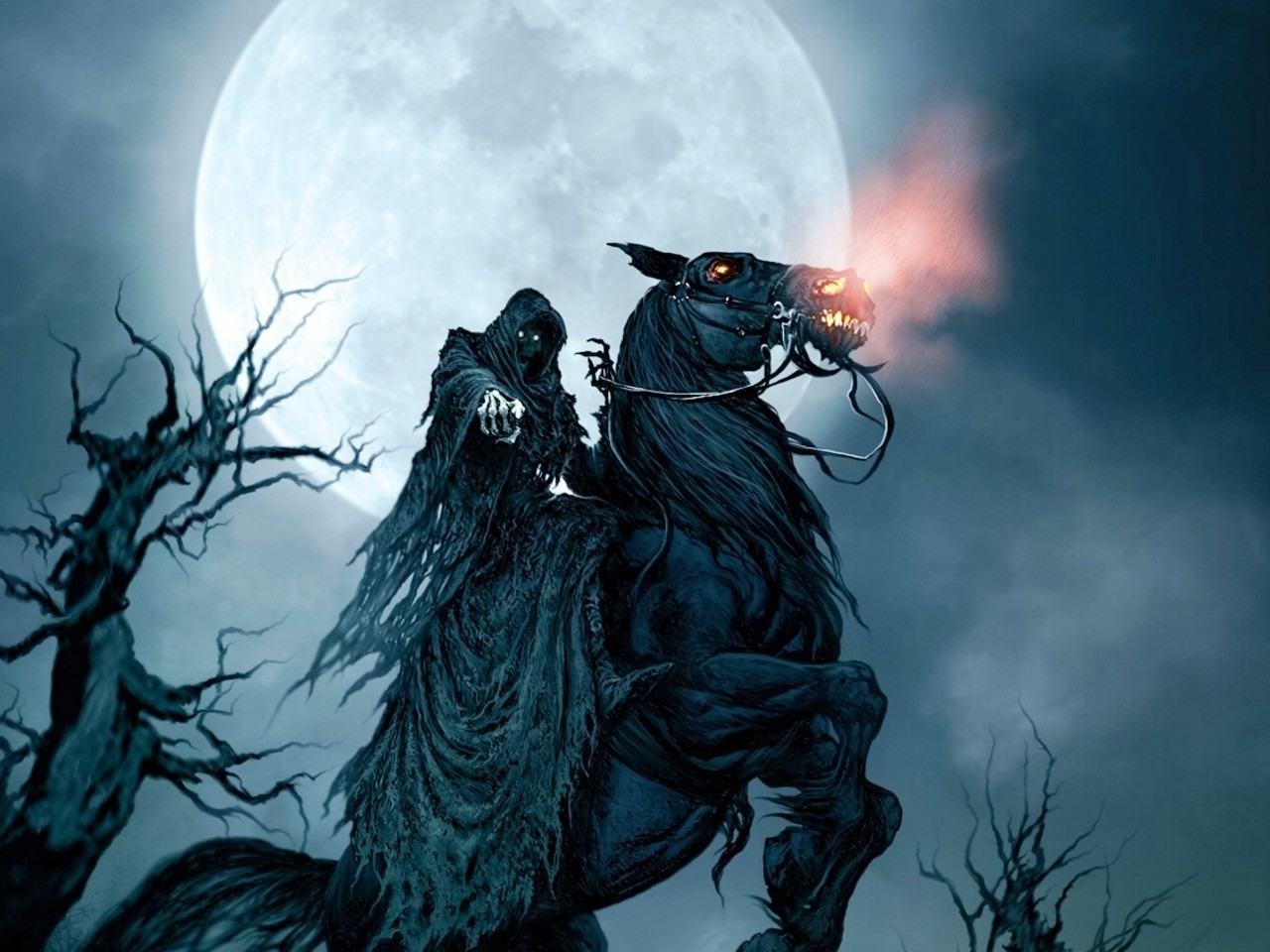 Grim Reaper, Moon, Horse, Trees, Fantasy Art Wallpaper