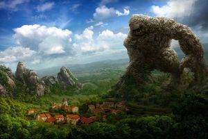 fantasy Art, Artwork, Drawing, Rock, Creature, Town, House, Nature, Trees, Clouds, Red Eyes